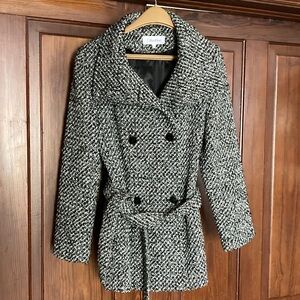 Calvin Klein Women's Black Tweed Wool Double Breasted Pea Coat Size 6 Belted